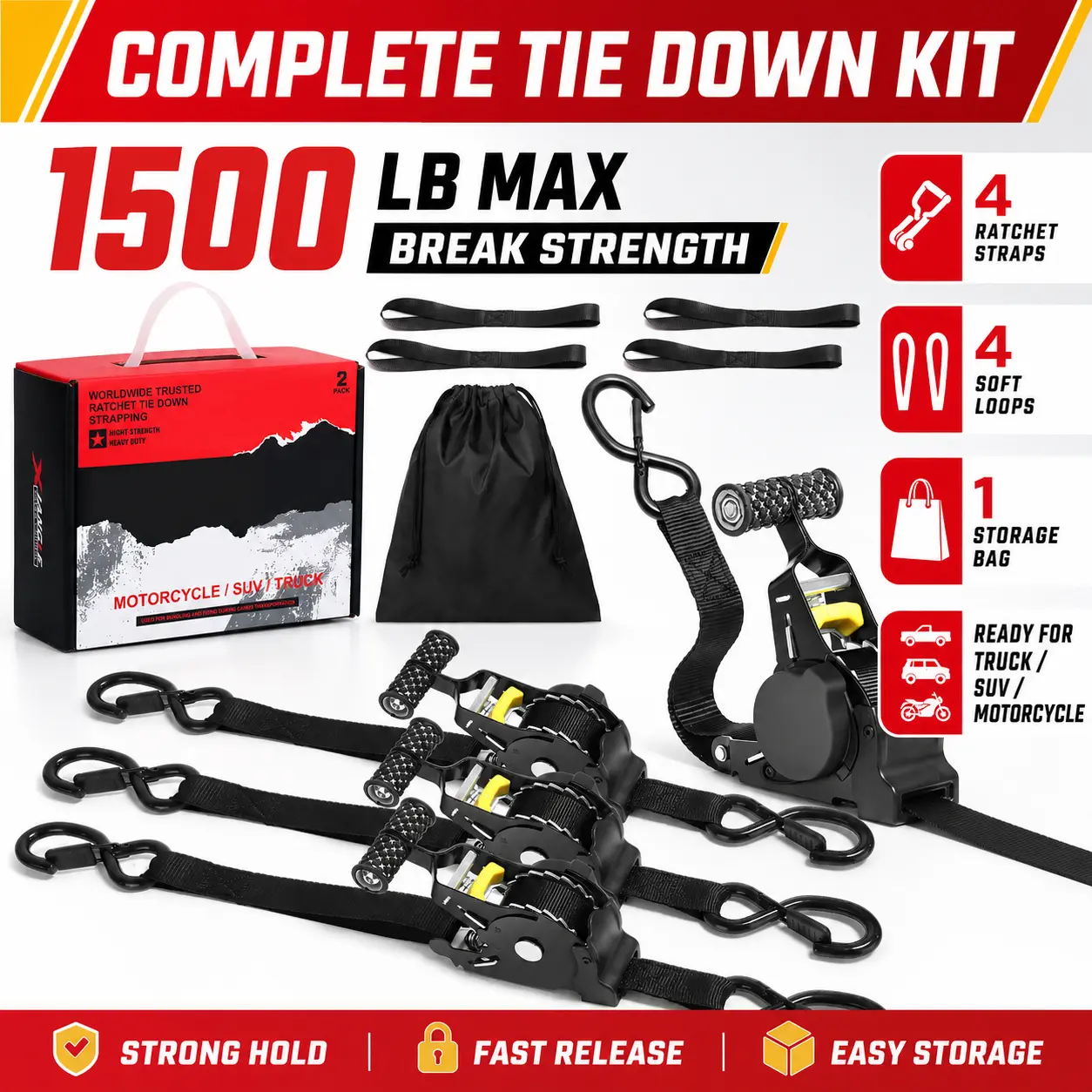 Retractable Ratchet Straps, 1" x 10' Heavy Duty Durable Tie Downs (1, 2, 4-Pack) with Soft Loops and Storage Bag for Securing Cargo, Motorcycles, and Kayaks