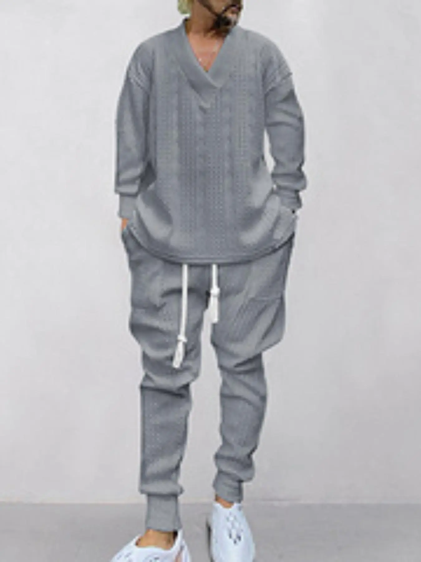 Men's two-piece long-sleeved V-neck sweater and waist drawstring pants knitted texture suit, cuffed solid color Fitted suit, suitable for daily leisure, vacation travel, light business leisure, men's long-sleeved suit, men's suit.