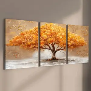 3-count wooden frame canvas, light luxury gold leaf tree Artistic art poster, colorful life tree poster, exquisite plant patterns, fashionable family poster, modern living room decorative art, suitable for corridor, room bedroom walls, waterproof art