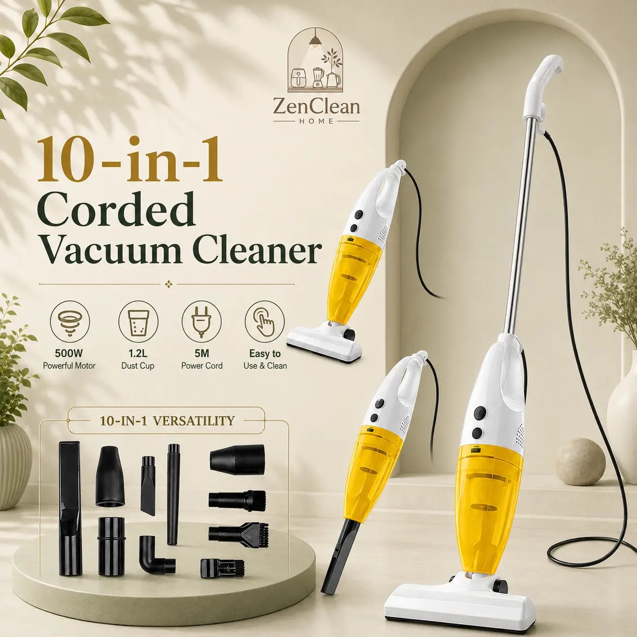 Cord Vacuum Cleaner, 12KPA 500W Stick Vacuum with Hurricane Mode,10 in 1 Versatility,Self-Standing, ,1.2L Dust Cup,Vacuum Cleaners for Home/Pet Hair/Carpets,Cordless,pink