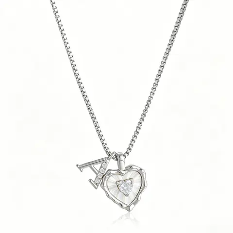 Tewiky Silver Box Chain Scalloped Shell Heart CZ Initial Necklace A–Z Micro Pave Letter Pendant For Valentine's Day gifts summerwins Elegant Necklace Custom Letters Necklace
