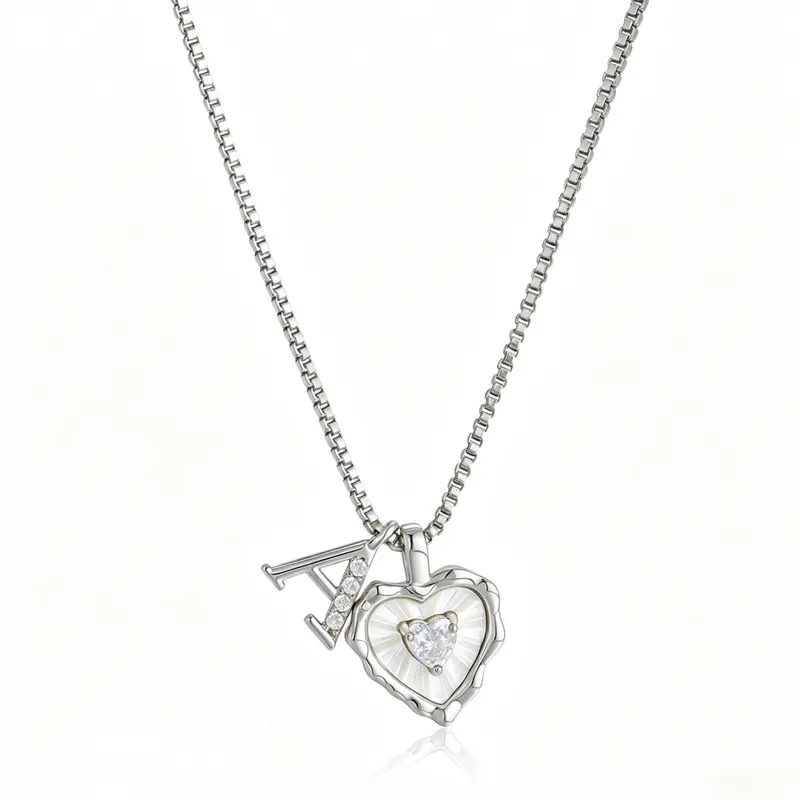 Tewiky Silver Box Chain Scalloped Shell Heart CZ Initial Necklace A–Z Micro Pave Letter Pendant For Valentine's Day gifts summerwins Elegant Necklace Custom Letters Necklace