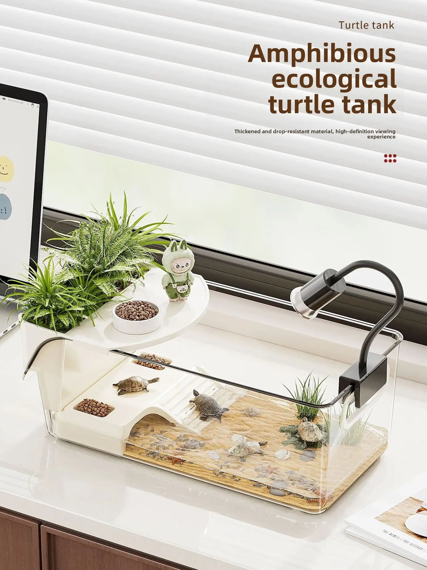 Small Enclosed All-in-1 Glass Terrarium, High-Definition Viewing Rectangle Reptile Tank with Basking Platform - Ideal for Baby Turtles, Semi-Aquatic Species