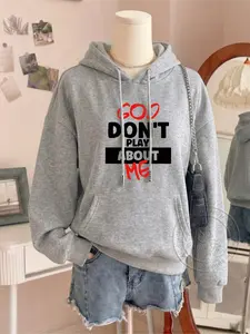 Women's Fashion Graphic Casual Hoodie God Don't Play About Me Letter Print Kangaroo Pocket Casual Fitted Long Sleeve Sweatshirt for Fall & Winter Everyday Womenswear