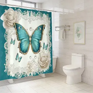 1pc/4pcs Floral Butterfly Bathroom Set, Bathroom Accessory, Bathroom Decoration Accessories, Festive Design, Non-Slip Floor Mat, U-Shaped Rug, Toilet Seat Cover, Shower Curtain Hooks, Shower Curtain Sets