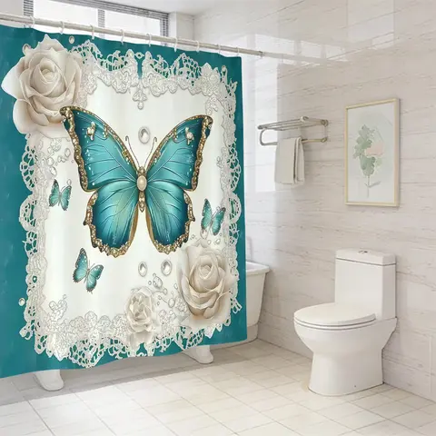 1pc/4pcs Floral Butterfly Bathroom Set, Aesthetic Bathroom Decor, Decorative Shower Curtain with Hooks, Non-Slip Floor Mat, U-Shaped Contour Rug, and Toilet Lid Cover