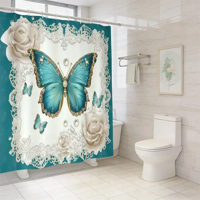 1pc/4pcs Floral Butterfly Bathroom Set, Aesthetic Bathroom Decor, Decorative Shower Curtain with Hooks, Non-Slip Floor Mat, U-Shaped Contour Rug, and Toilet Lid Cover