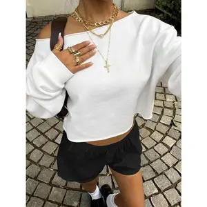 Women's White Off-Shoulder Cropped Sweatshirt, Suitable For Fitness, Dance, Autumn/Winter, Loose Fit Crew Neck Long Sleeve Thick Casual Pullover,B2