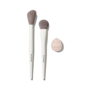 Morphe Blush Layering Tool Trio - M204 Rounded Cream & Liquid Blush Brush M201 Angled Powder Blush Brush & Cloud Cushion Mini Puff for Flawless Makeup Application