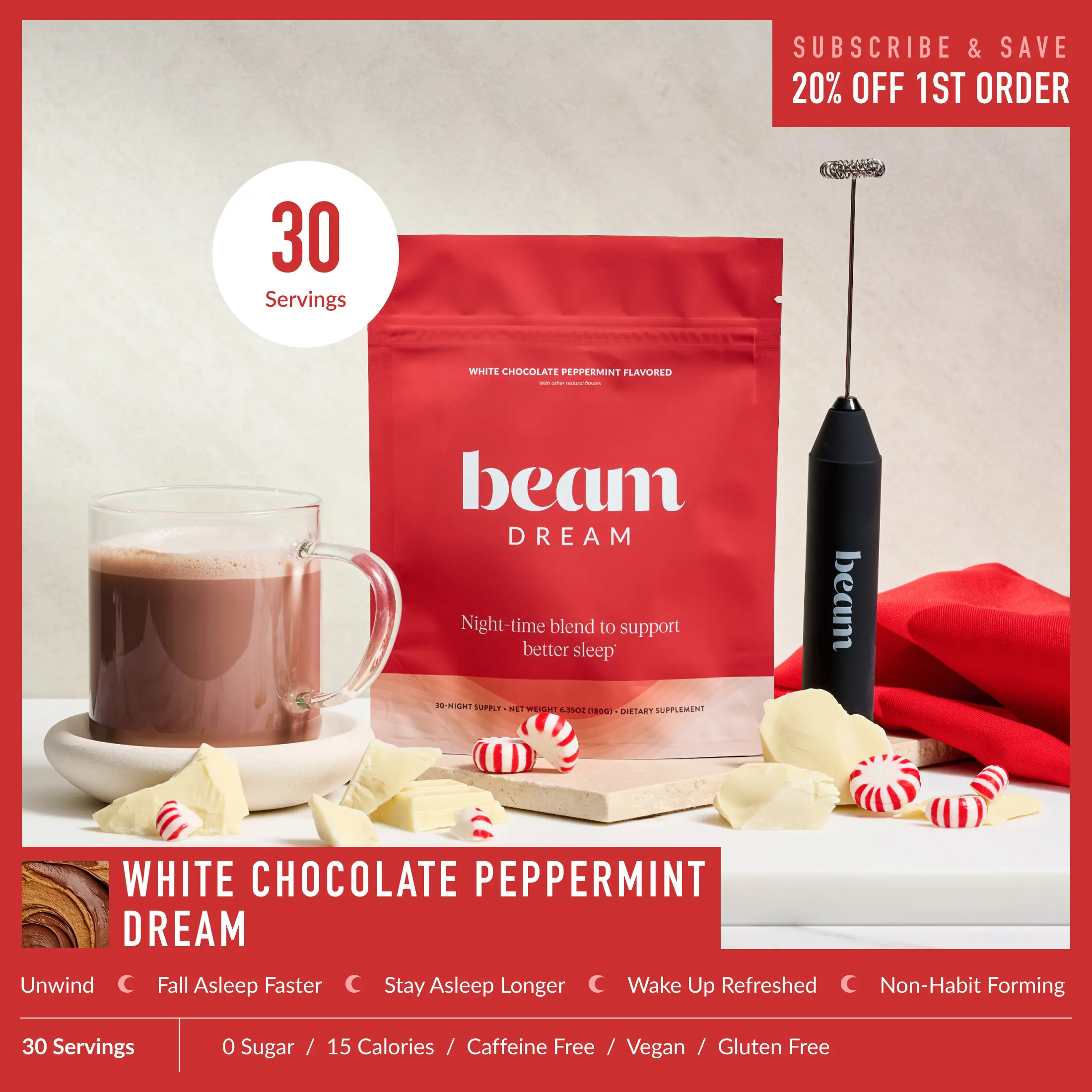 Beam Dream Nighttime Milk Alternative Powder Drink Mix - 30 Servings, White Chocolate Peppermint Flavor, Clean Label Natural Blend Supplement Stack for Adult Better Sleep, Magnesium, L-Theanine, Apigenin, Melatonin, Vegan, Gluten-Free, Dairy Free, Melaton