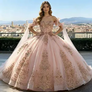 Rose Gold Quinceañera Dress PQ1113 | Princess Sweet 15 Gown with Gold Embroidery, Sweetheart Corset and Full Tulle Skirt