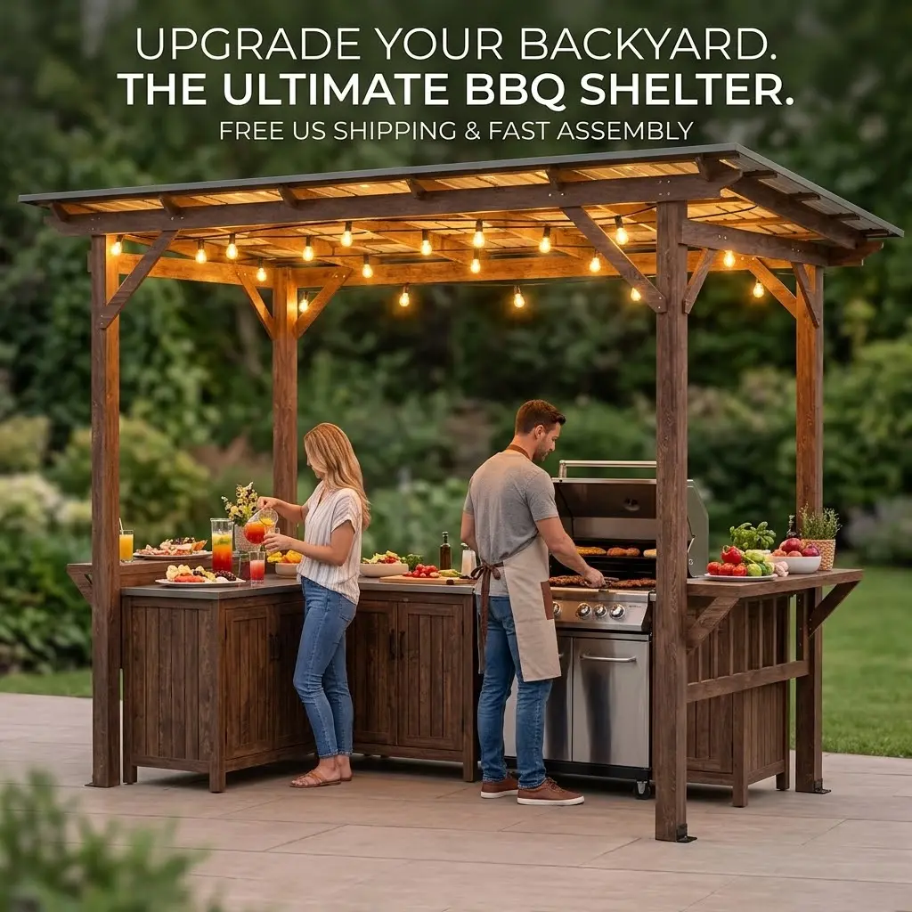 Wooden Pergola Grill Gazebo Metal Roof 13X10FT-13x6.5FT Outdoor BBQ Cooking Station with Bulbs and Bar Counters for Backyard Patio Party Heavy Duty Hardtop Grill Shelter for Summer Entertaining Backyard Makeover Home Improvement