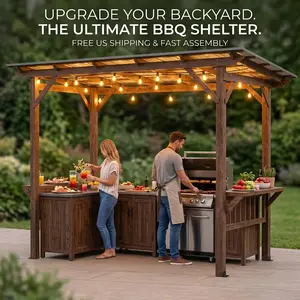 Wooden Pergola Grill Gazebo Metal Roof 13X10FT-13x6.5FT Outdoor BBQ Cooking Station with Bulbs and Bar Counters for Backyard Patio Party Heavy Duty Hardtop Grill Shelter for Summer Entertaining Backyard Makeover Home Improvement