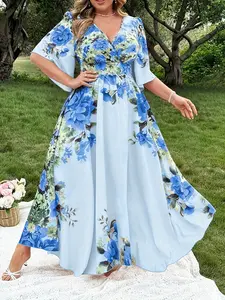 Summer Plus Size V Neck Flared Sleeve Floral Dress, Womenswear, Waist Cinch Slimming Chiffon Skirt, Light Blue Casual Elegance Long Dress for Beach/vacation/dating/daily Wear