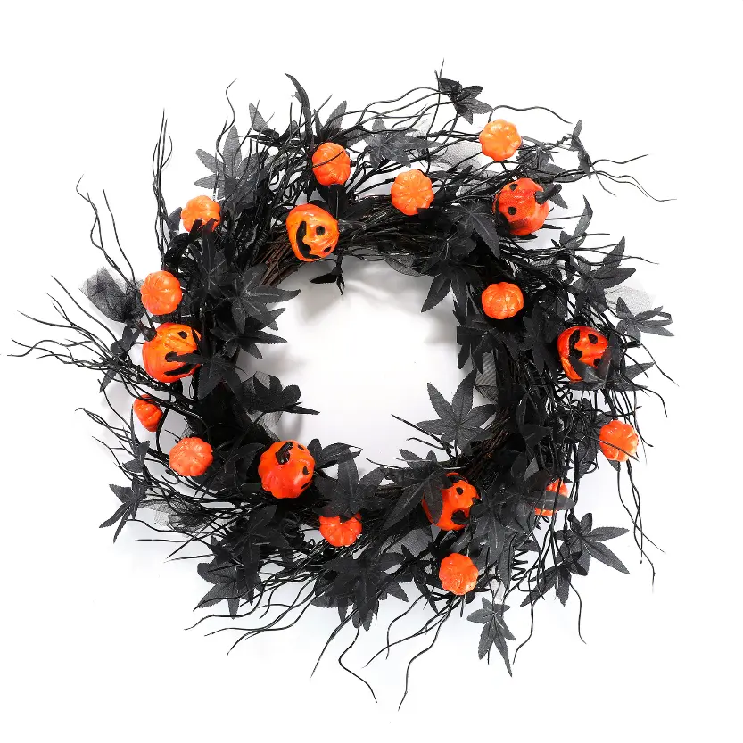 Black Maple Leaf Pumpkin Decoration Wreath - Lightweight Halloween Ornaments with Orange Pumpkins, Black Leaves, Fall Home Garden Decor Props for Door Display, Outdoor Lawn Backdrop Decoration