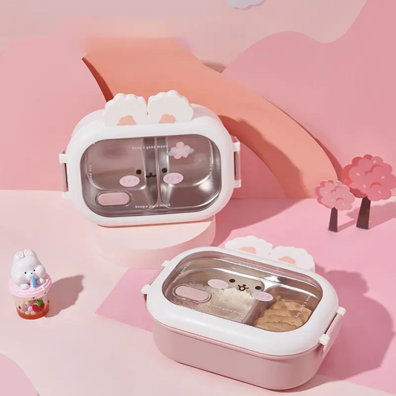 Stainless Steel Large Capacity Portable Sealed Plastic Tableware Lunch Box, Unisex Cute Rabbit Design Divided Container for All Seasons, Cute Look