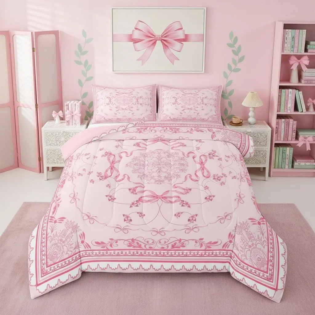 Coquette Bow Bedding Comforter Set - Women's Pink Bohemian Style Cottagecore Style Multi-Size Duvet Set with 3D Digital Print, Geometric Tribal Floral Artwork, Farmhouse Decor, Duvet Insert, Cozy Aesthetic, Machine Washable