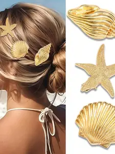 3 pcs Gold Starfish Hair Clip, Mermaid Shell Hair Clip, Metal Seashell Hair Clip, Crocodile Clip For Beach Party, Starfish Headpiece For Wedding, Summer Hair Accessories For Women And Girls, Tropical Hair Accessories, Hairpin, Beach Accessories