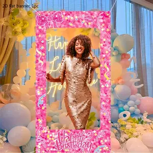 Birthday theme background fabric, made of polyester, featuring a design of pink ribbon bow. Suitable for birthday party photo banners for celebration, and an ideal choice for indoor and outdoor photo props. wwx