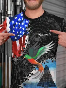 Guatemala Flag T-Shirt, All over Print, Short Sleeve, Slim-Fitting, Casual Top, Streetwear, Unisex, Crewneck, Long Length, Plain Surface, Unlined