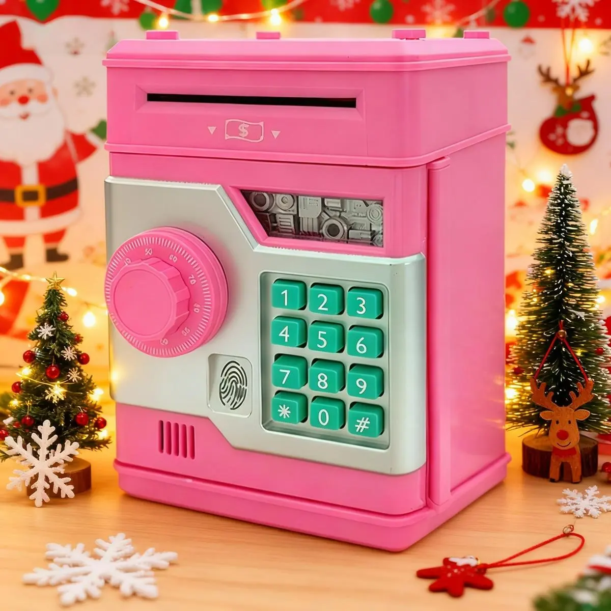High-Capacity Kids' Electronic ATM Coin Piggy Bank Money Jar - Durable ABS Real Money Safe with Fingerprint Password, Code Lock, Auto Scroll Cash Saver, Music, Financial Literacy Pretend Play Toy (Pink)
