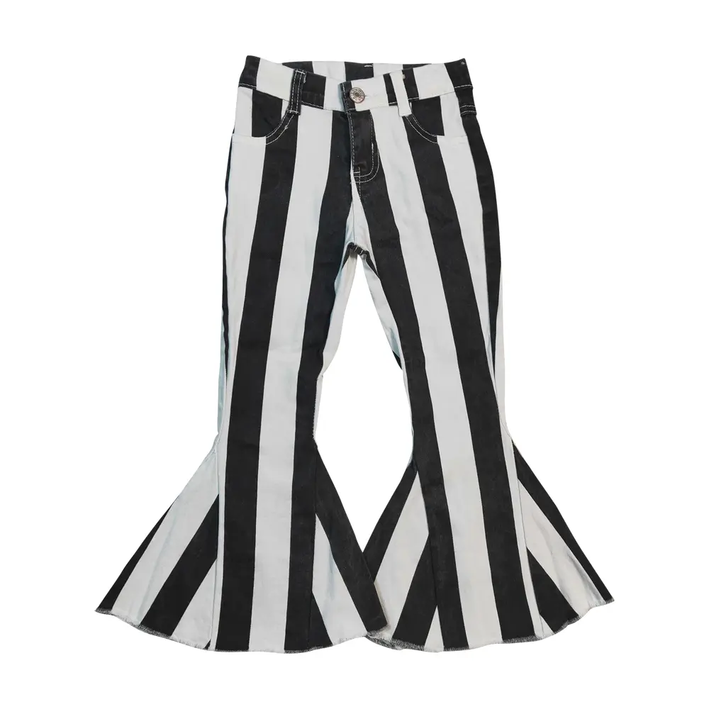 Toddler Girl Mid-Waist Striped Denim Loose Flared Bell Bottoms Jeans - Denim Fabric, Slight Stretch, Basic Style, Machine Washable, P0046, Flared Jeans, Flare Jeans