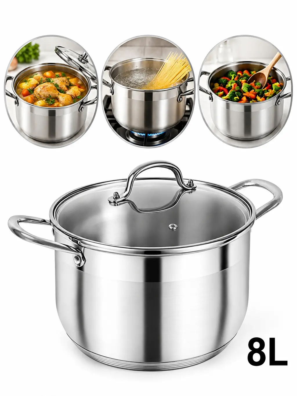 8 Quart Large Stainless Steel Induction Stock Pot with Visible Lid | Heavy Duty, Even Heat, Thick Nonstick Base, Deep Cookware for Soup Pasta & Spaghetti, Ideal for Canning, Boiling & Simmering