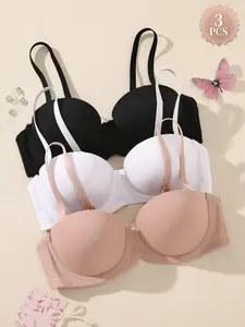 3PCS Women's Seamless Push-Up Balconette Bra,Underwire Medium Support Anti‑sagging T-shirt Bra, Adjustable Detachable Straps , Slimming Solid Smooth Comfortable, Elegant everyday Wear, Solid Basic Bra