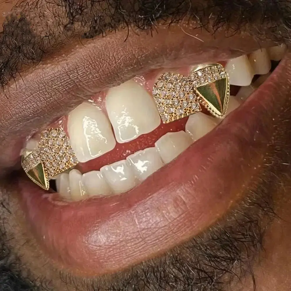 Double Vampire Fangs Zircon Teeth Grillz Hip Hop Glossy Tooth Caps For Unisex Jewelry Party Gift Wearable Dental Grills