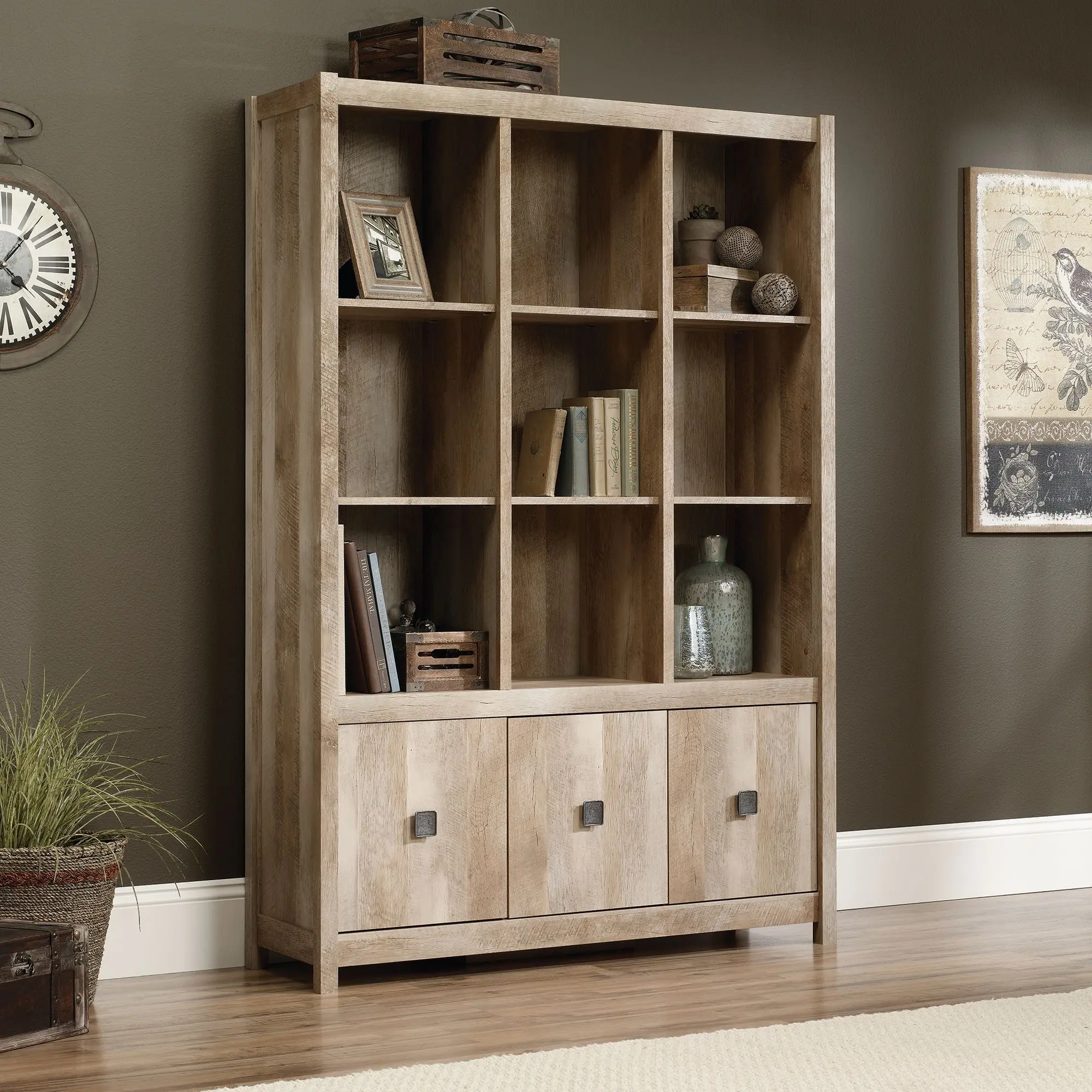 Sauder Cannery Bridge Storage Wall Wooden Bookshelf with Adjustable Shelves & 3 Lower Cabinets for Home Office or Living Room Decor