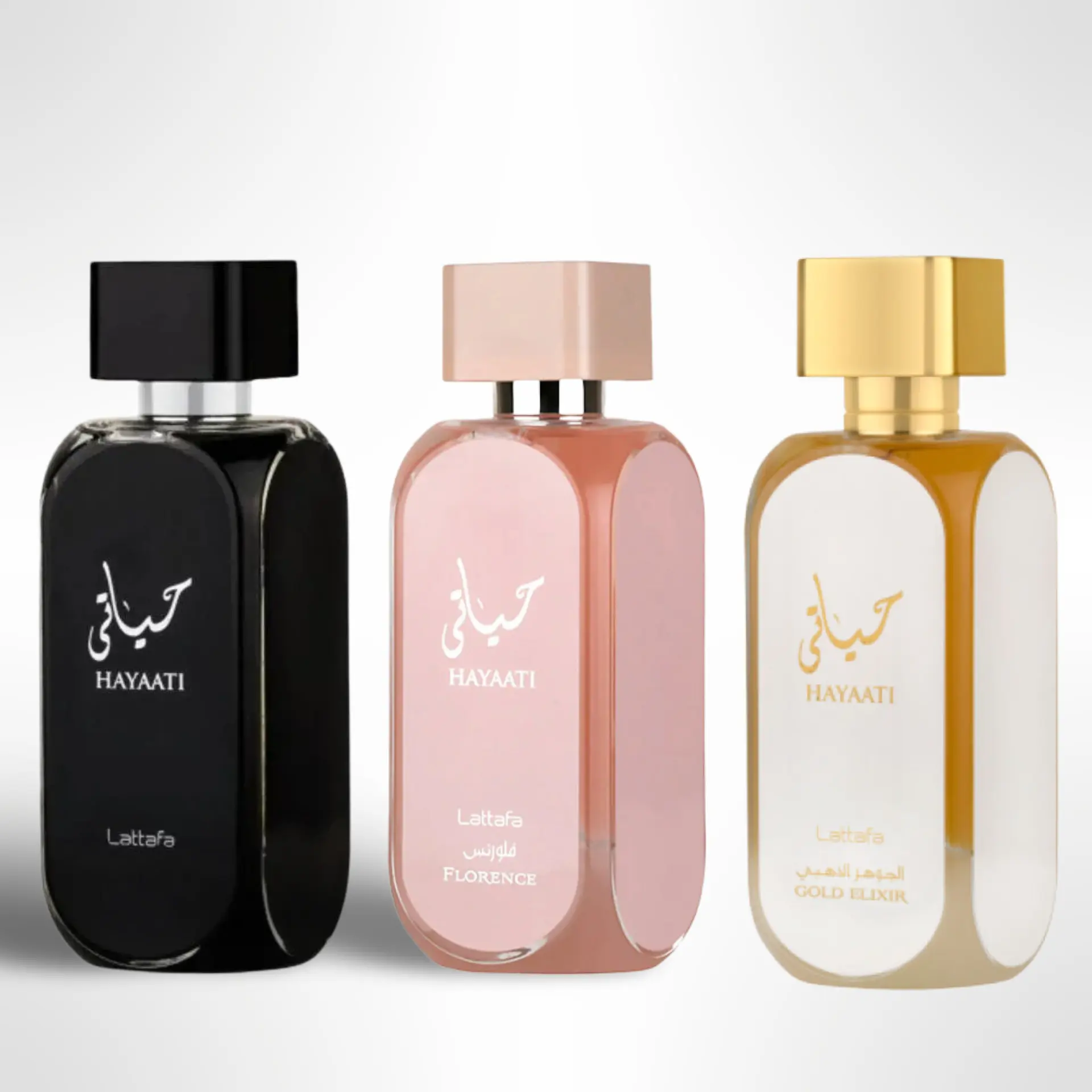 Lattafa Hayaati Complete Trio Unisex Eau de Parfum Bundle - 3x100ml (3.4 fl oz) Set: Hayaati, Florence, White, Elegant, Floral, Floral Woody, Scented Fragrance, Coconut, Alcohol-Free, High-Quality, Everyday Use, Floral Woody Fragrance