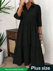 LUNE Plus Size Casual Dress with Three-Quarter Sleeves, Ruffle Hem Button Detail, Fashionable Elegant Everyday Wear for Women, Fitted.