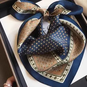 Classic Navy Cube Plaid Square Scarf Premium Silky Satin Texture Multi-purpose All Season Wear Ideal for Beach Party Daily Outfit Festive Holiday Gift