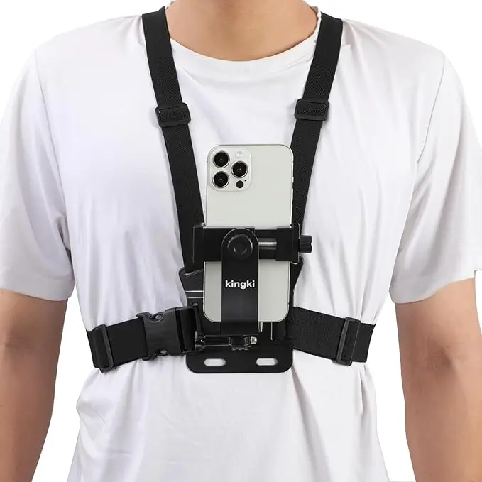 KINGKI Silicone Chest Mount Harness Strap Holder - Non-Slip Adjustable Hands-Free Mount with 360° Rotation, Cell Phone Clip, Plug Accessory for Content Creation, Adventure Activities (Fits 99% of Smart Phones, Pad, Action Camera for POV Shooters)
