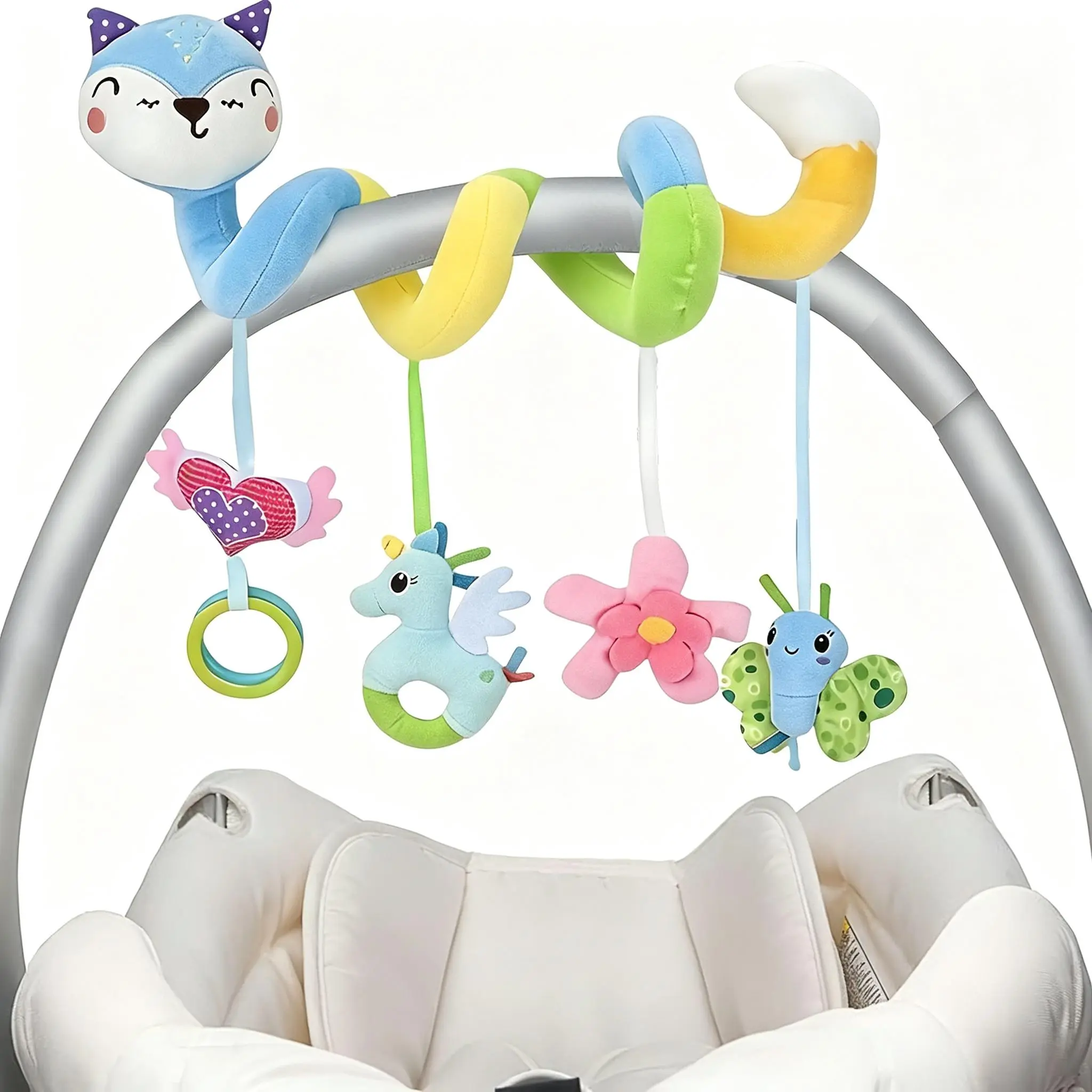 Stuffed Car Seat & Stroller Sensory Toy for 0-12 Months Infants, Foldable Children Development Toy with Ringing Bells & Crinkle Sound, Hangs or Wraps Around Infant Bed