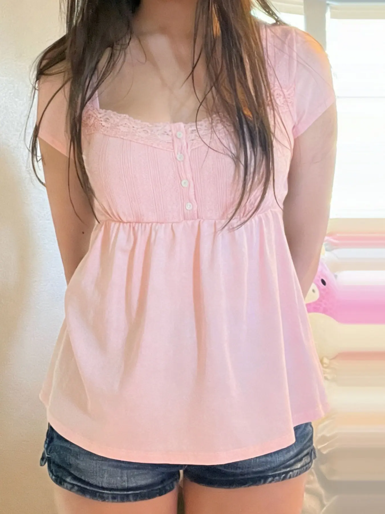 Embroidered Lace Patchwork A-Line T-Shirt Y2K Square Neck Button Cute Girl Sweet Summer Basic Versatile Casual T-Shirt for Women Casual Tee Shirt