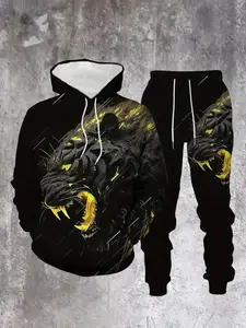 Men's 3D Tiger Print Hooded Sweatshirt Set, Sporty Polyester Fabric, Lightweight & Comfortable, Fall & Winter Casual Wear, Long Sleeve Fitted Design