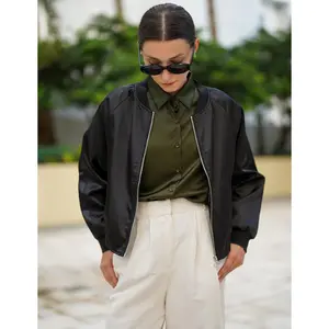 Women's Bomber Jacket Lightweight Zip Up Jacket Casual Striped Jacket Coat Outerwear Windbreaker with Pockets