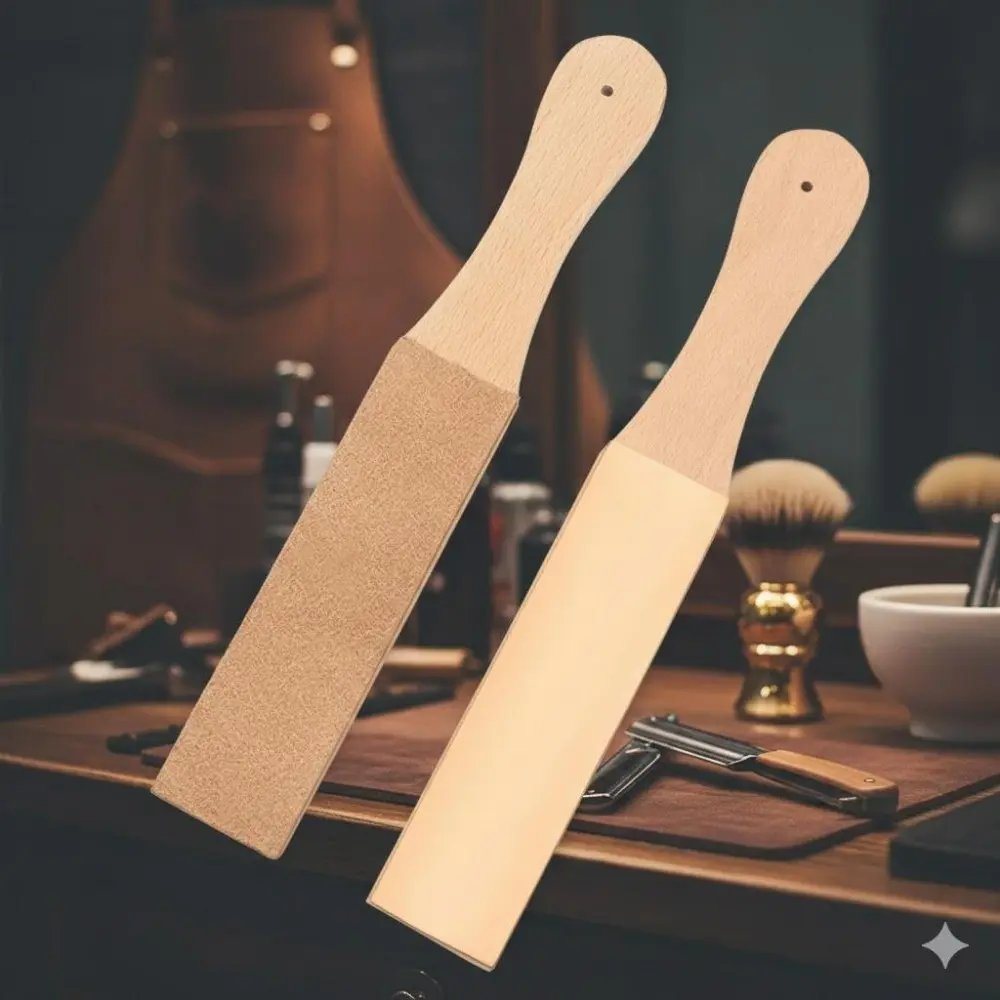 Professional Double-Sided Leather Strop with Wood Handle – Portable Sharpening Tool for Kitchen Knives, Outdoor Blades, Straight Razors, and Swords. Handcrafted Polishing Stone for Efficient Maintenance & Edge Keeping.