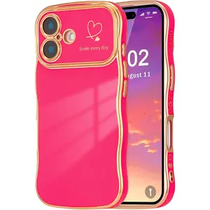 for iPhone 16 Plus Case 6.7 inch, Luxury Plating Edge Full Camera Protection Shockproof Phone Case for Women Girls-Rose Red, Cute Curly Wave Frame Case with Love Heart Pattern