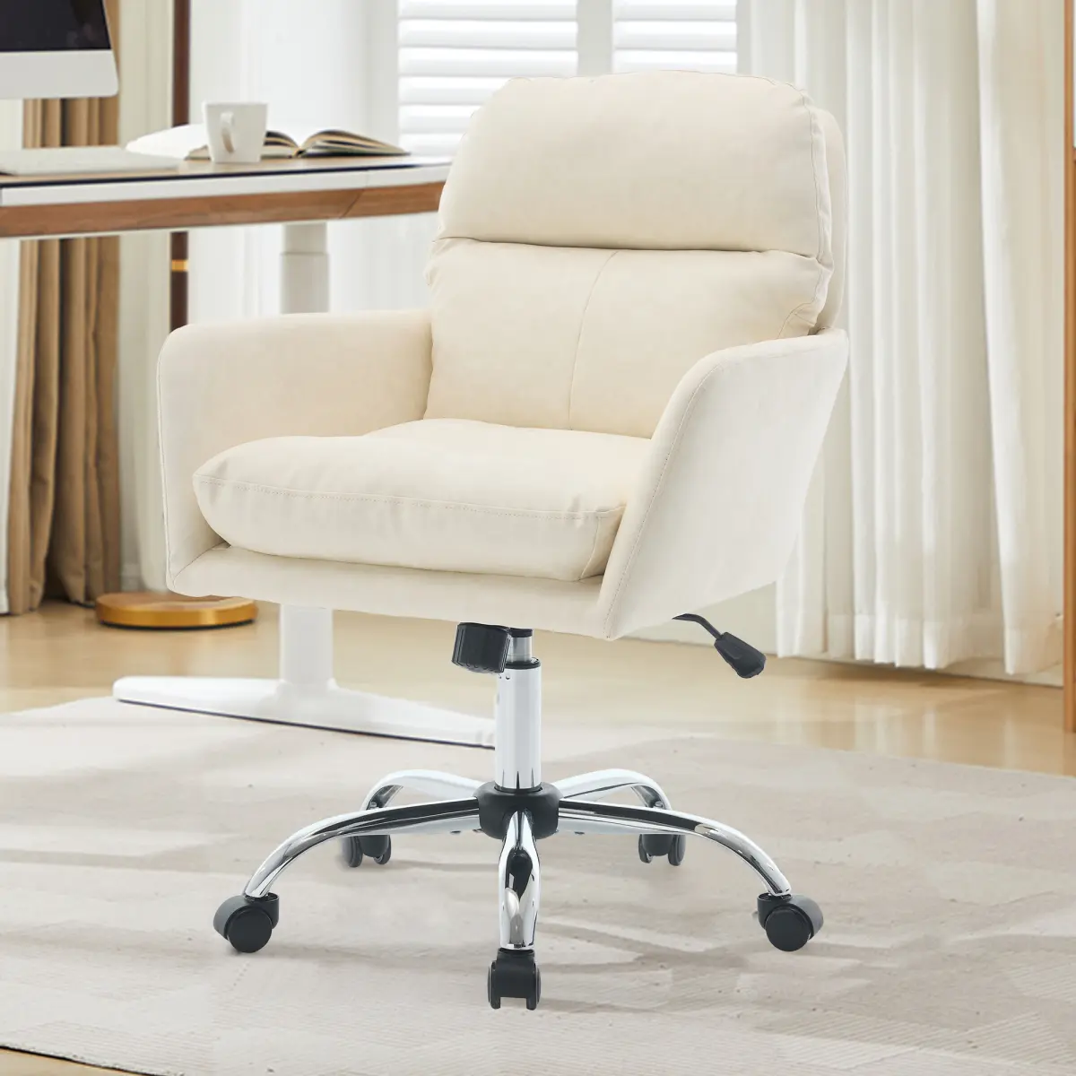White Adjustable Faux (PU) Leather Office Desk Chair - 360-Swivel Upholstered Task Armchair with Comfy Square Back, Wheels, Easy Setup for Home Office, Vanity; Chair for Vanity