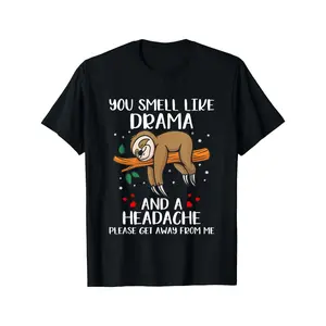 Sloth "You Smell Like Drama & a Headache" Graphic T-Shirt - Black Casual Loose Fit Tee with Humorous Sloth Design, Snowflakes & Red Berries, Machine Washable Novelty Top, Everyday Clothing, Playful Design, Comfortable Fabric