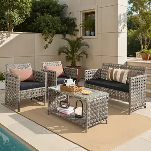 4-Piece Patio Conversation Sofa Set–Outdoor Sectional Wicker Furniture with Coffee Table, Perfect for Garden,Yard, Pool, High Backrest&Thicker Cushion, All-Weather Waterproof, Affordable Loveseat