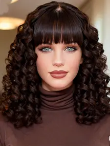 Glueless Long Fluffy Curly Wigs for Women, Soft Gorgeous Loose Wig with Straight Bangs, Synthetic Wigs for Daily Vintage and Costume Party Use（20 Inch）, Curly Hair Wigs