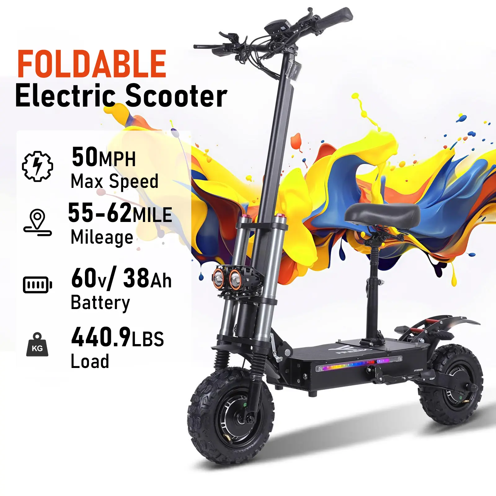 J-30 6000W High Speed Off Road Electric Scooter - 60mph Max Speed, 80mi Range, Dual-Motor, 11" All-Terrain Tires, Foldable, Adjustable Seat, IP68 Waterproof, 4-Braking System, 60V 38Ah Battery, Commuting Scooter, Off Road Scooter Folding Escooter