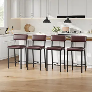 Garvee - Set of 4 Bar Stools with Backrest and Thick Metal Legs, Synthetic Leather Upholstered Stools with Footrest, for Kitchen Island, Bar, Dark Cafe