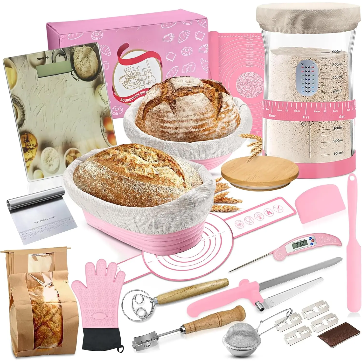 Sourdough Starter Kit, Sourdough Bread Baking Supplies, Bread Making Tools and Kit, Sourdough Proofing Basket, 41 oz sourdough starter jar, Gifts for Mom, Bakers Sourdough Starter Kit Beginners (pink)