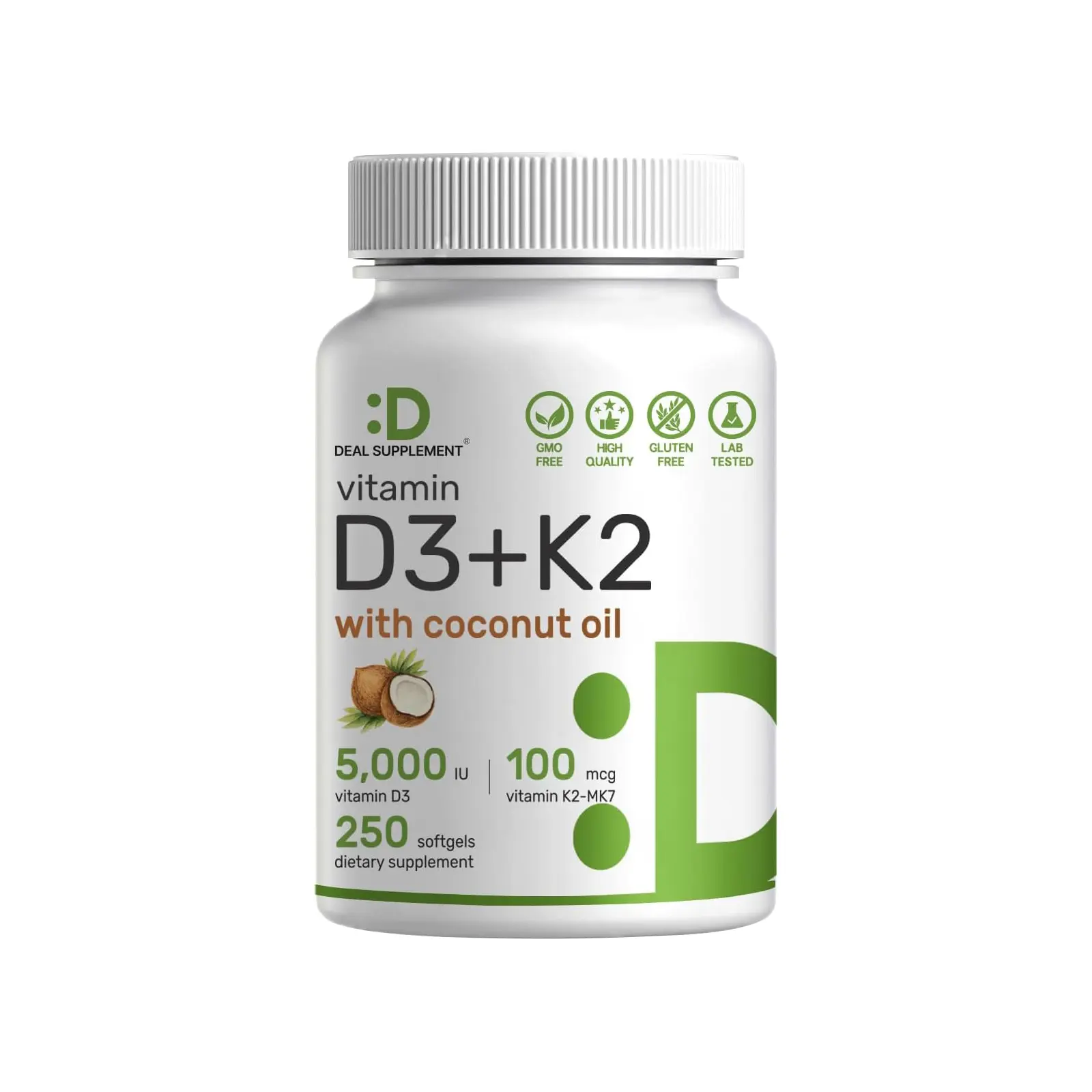 DEAL SUPPLEMENT Vitamin D3 5,000 IU + K2 MK7 100mcg Softgels | 2-in-1 Complex with Virgin Coconut Oil | Supports Heart, Bone, Teeth & Immune Health | Easy to Swallow