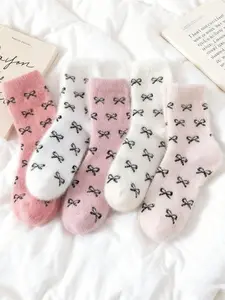 Women's Cartoon Butterfly Knot Warm Winter Soft Plush Mid-Calf Socks, 5 Pairs, Cute Fitted Style, Cozy and Comfortable, Socks Set, Casual Soft Socks