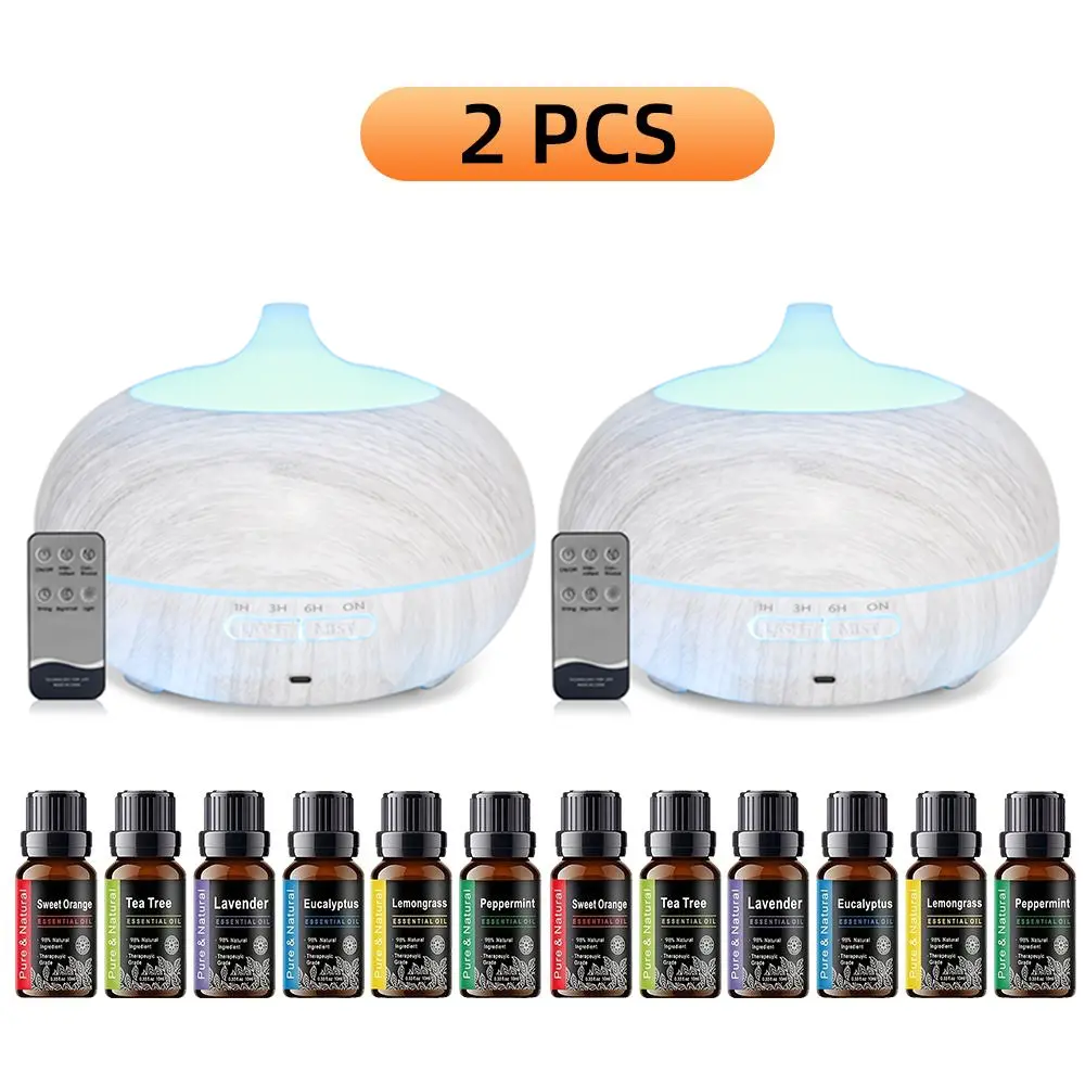 2 PCS Remote Control Essential Oil Diffuser, 550ml Ultrasonic Humidifier with 7-Color LED & 6 Oils